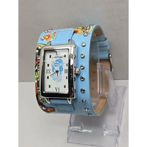 Womens Ed Hardy Swarovski Crystal Geisha Cuff Watch Blue Leather New Battery - Picture 2 of 11